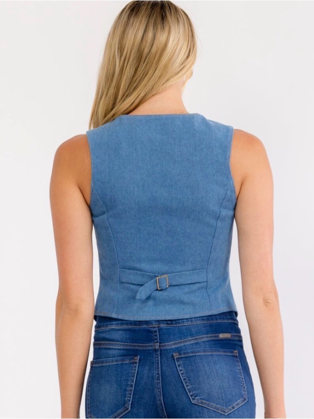 Blue Denim V-Neck Vest with Gold Floral Buttons - Picture 5 of 6